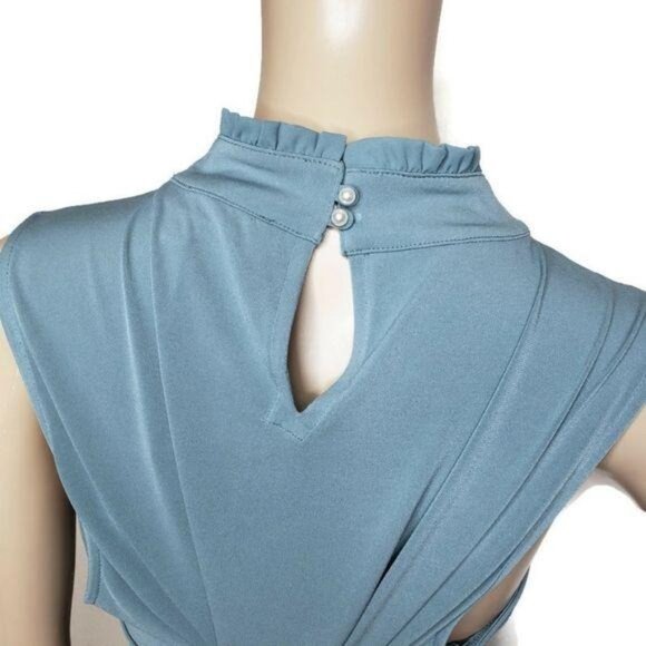 Karl Lagerfeld Paris NWT Womens Blue Sleeveless High-Neck Ruched Blouse L - Picture 6 of 10